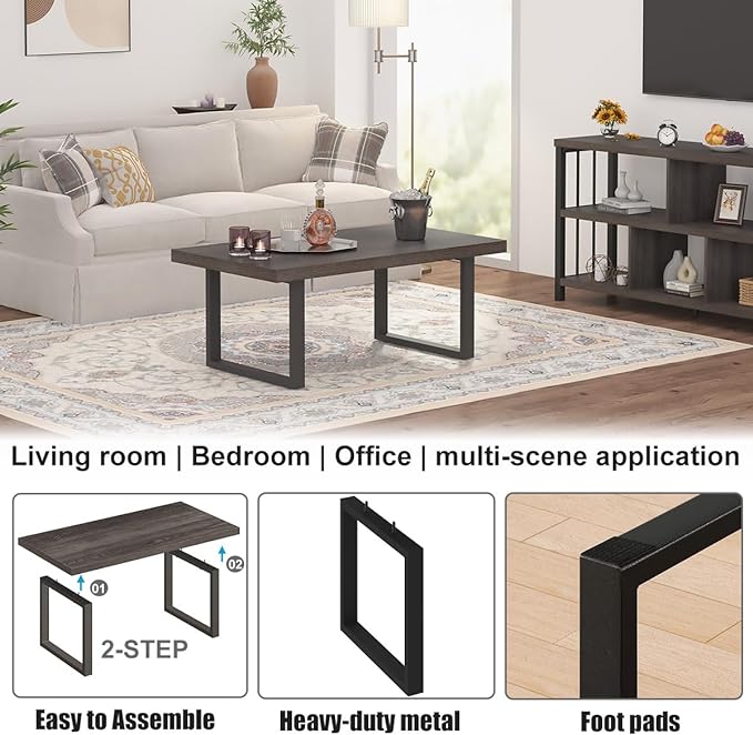IBF Industrial Grey Coffee Table, Modern Simple Wood and Metal Center Table, Minimalist Rectangle Wooden Living Room Table, Vintage Rustic Cocktail Tea Table for Home Bedroom, Dark Gray Oak, 39 inch - LeafyLoom