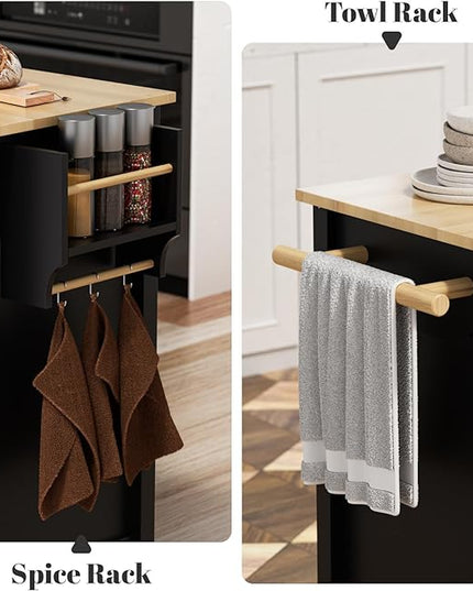 Rolling Kitchen Island with Storage Portable Kitchen Island On Wheels Black Large 54in Width Island with Storage Drawers Cabinet Spice Rack Towel Rack for Kitchen Dining Room - LeafyLoom