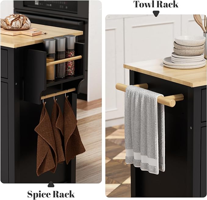 Rolling Kitchen Island with Storage Portable Kitchen Island On Wheels Black Large 54in Width Island with Storage Drawers Cabinet Spice Rack Towel Rack for Kitchen Dining Room - LeafyLoom
