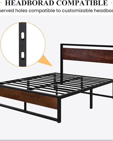 SHA CERLIN 14'' Full Size Metal Platform Bed Frame with Rustic Wood & Reverse Holes/Ample Under-Bed Storage Space/Mattress Foundation/No Box Spring Needed/Easy Assembly - LeafyLoom