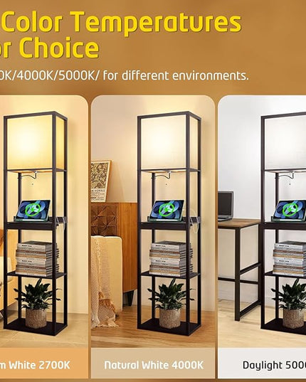 Floor Lamp with Shelves Plus, 4-Tier Wireless Charger Shelf Floor Lamp for Bedroom Living Room, USB and Type C Charging Ports 2 AC Power Outlets, 3CCT Color Selectable 15W Bulb(Walnut). - LeafyLoom