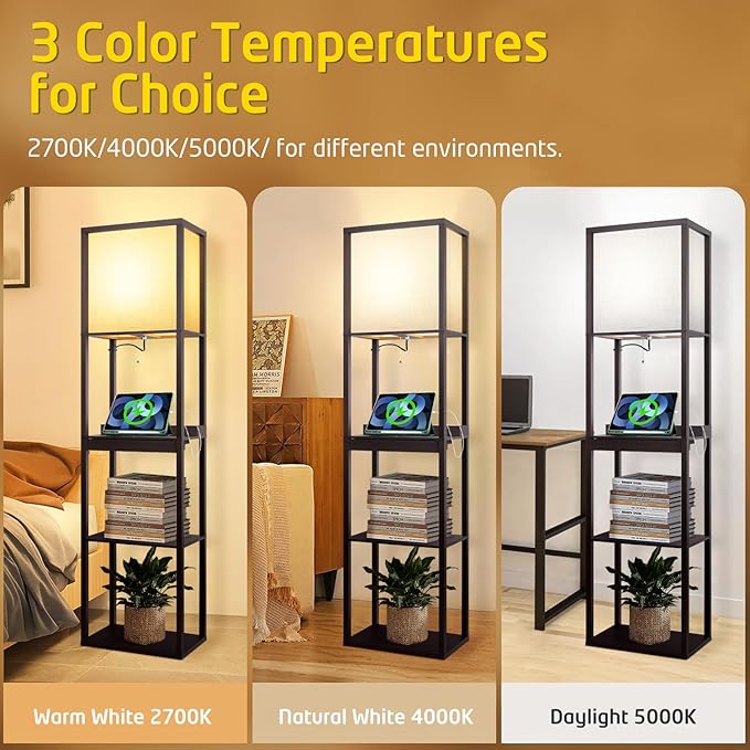 Floor Lamp with Shelves Plus, 4-Tier Wireless Charger Shelf Floor Lamp for Bedroom Living Room, USB and Type C Charging Ports 2 AC Power Outlets, 3CCT Color Selectable 15W Bulb(Walnut). - LeafyLoom