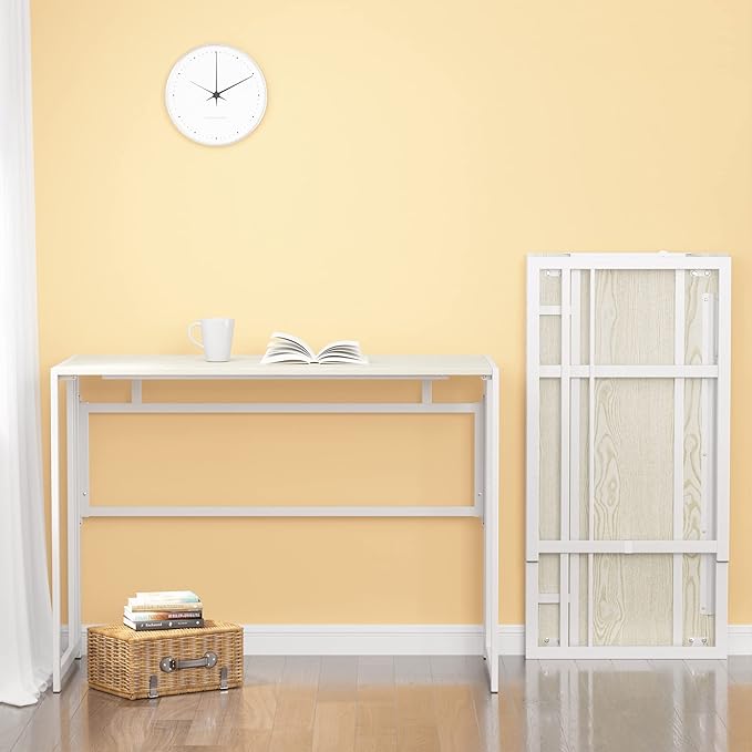 Folding Desk 40'' Computer Desk for Home Office, No Assembly Office Desk Foldable Simple Study Writing Desk Table for Small Spaces(Beige, White) - LeafyLoom