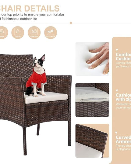 Shintenchi 4 Piece Outdoor Patio Furniture Sets, Small Wicker Patio Conversation Furniture Rattan Chair Set with Tempered Glass Coffee Table for Backyard Porch Garden Poolside Balcony - LeafyLoom