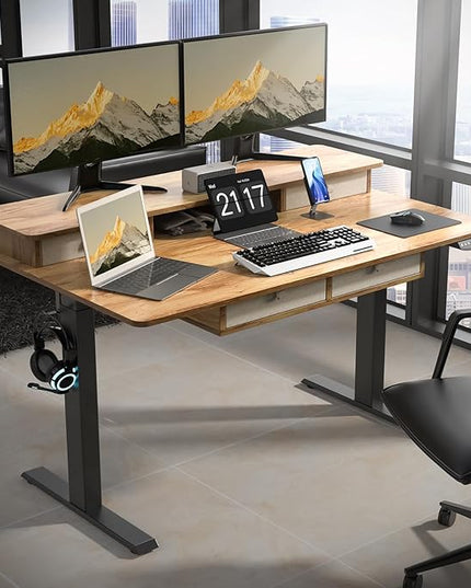 63 * 30 Inches Electric Standing Desk Adjustable Height with 4 Drawers, Double Storage Shelves Stand Up Desk, Home Office Workstation Sit Stand up Desk (Light Rustic Brown) - LeafyLoom