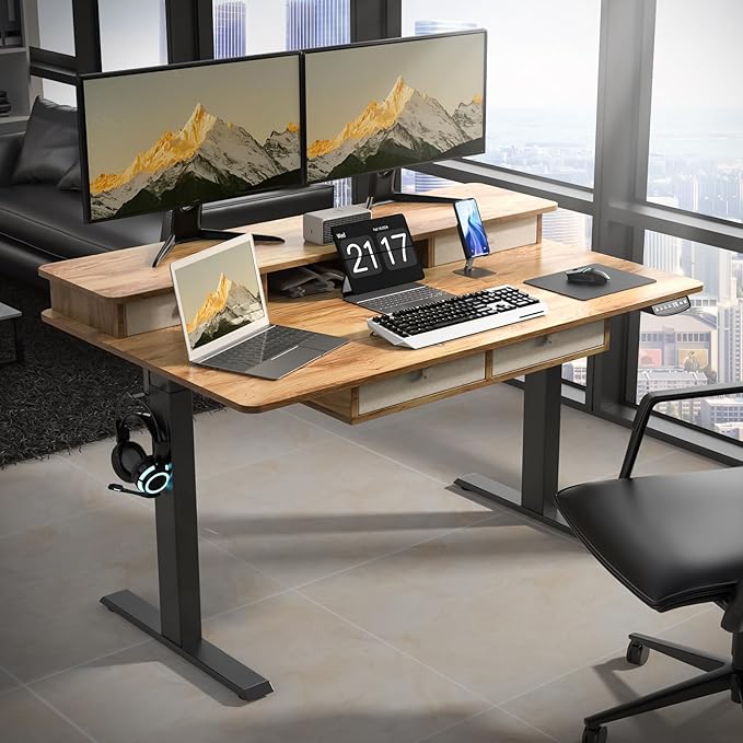 63 * 30 Inches Electric Standing Desk Adjustable Height with 4 Drawers, Double Storage Shelves Stand Up Desk, Home Office Workstation Sit Stand up Desk (Light Rustic Brown) - LeafyLoom