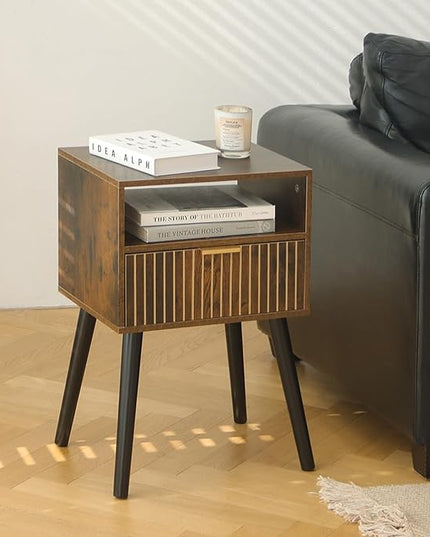MaxSmeo Small Nightstand Wood Bedside Table with Drawer, Modern End Table for Bedroom and Small Spaces, Solid Wood Legs, Easy Assembly, Rustic Brown and Black - LeafyLoom