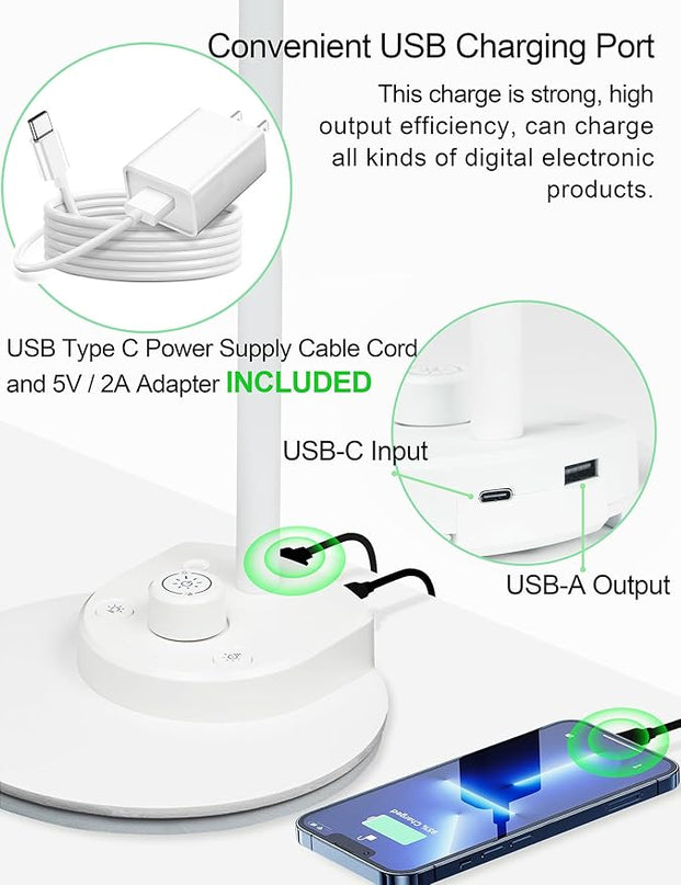 BOHON LED Desk Lamp with USB Charging Port, 3 Color Modes Dimmable Reading Lamp, Auto Dimming Task Lamp, Flexible Gooseneck Table Light for Dorm Bedside, Adapter Include, White - LeafyLoom