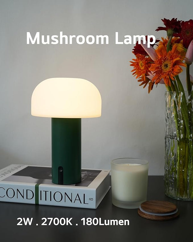 Outdoor Mushroom Table Lamp Rechargeable, Cordless Lamps for Patio Waterproof, Portable Battery Operated Lamp with USB Charging, Touch Dimming Night Light for Home/Porch/Restaurant (Green) - LeafyLoom