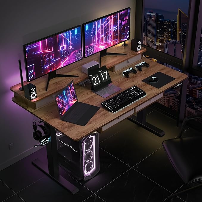 63 * 30 Inches Electric Standing Desk Adjustable Height with 4 Drawers, Double Storage Shelves Stand Up Desk, Home Office Workstation Sit Stand up Desk (Light Rustic Brown) - LeafyLoom