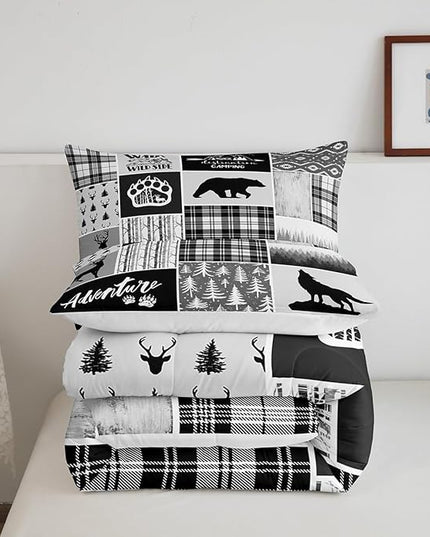 Deer Bear Comforter Set Queen Size,Pine Trees Christmas Bedding Set for Kids Boys Girls Adults Room Decor,Camping Adventure Rustic Farmhouse Down Comforter,Black Retro Duvet Insert,2 Pillowcases - LeafyLoom