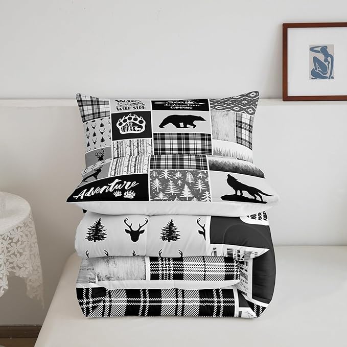 Deer Bear Comforter Set Queen Size,Pine Trees Christmas Bedding Set for Kids Boys Girls Adults Room Decor,Camping Adventure Rustic Farmhouse Down Comforter,Black Retro Duvet Insert,2 Pillowcases - LeafyLoom