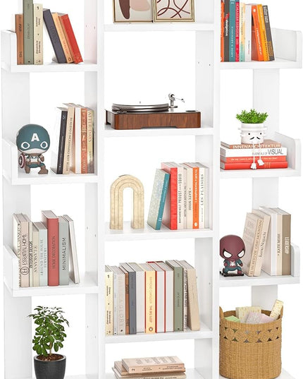 Aheaplus Bookshelf, Tree-Shaped Bookcase Storage Shelf with 13 compartments, Books Organizer Display Cube Shelves, Industrial Free Floor Standing Wood Open Bookshelves for Home, White - LeafyLoom
