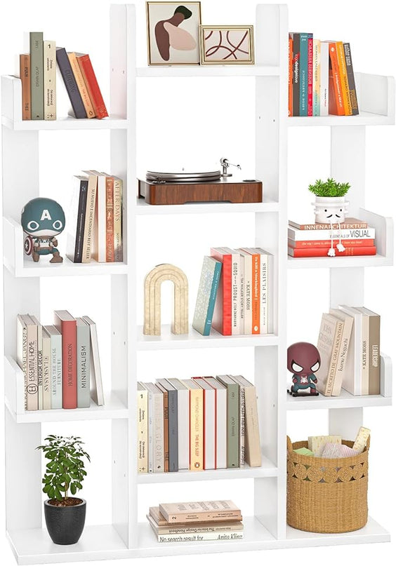 Aheaplus Bookshelf, Tree-Shaped Bookcase Storage Shelf with 13 compartments, Books Organizer Display Cube Shelves, Industrial Free Floor Standing Wood Open Bookshelves for Home, White - LeafyLoom