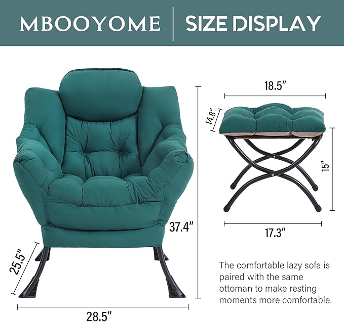 Lazy Chair with Ottoman, Modern Accent Chair Contemporary Lounge Leisure Upholstered Sofa Chair Set with Armrests, Reading Chair for Living Room, Bedroom, Office, Dark Green - LeafyLoom