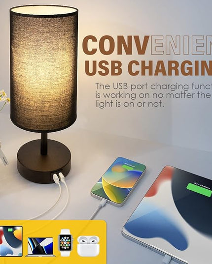 Yarra-Decor Bedside Lamp with USB Port - Touch Control Table Lamp for Bedroom 3 Way Dimmable Nightstand Lamp with Round Black Fabric Shade for Living Room, Dorm, Home Office (LED Bulb Included) - LeafyLoom