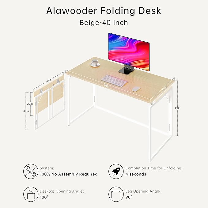 Folding Desk 40 Inch - Small Foldable Desk for Small Space Minimalist, Space Saving Collapsible Compact Desk Portable Table for Craft, Writing, Study and Work (No Assembly Required) - LeafyLoom