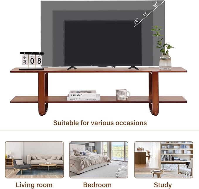 Tiita TV Stand with Storage for TVs up to 65'', Bamboo TV Console Entertainment Center with 2 Open Shelf, Mid Century Modern Media Console for Living Room, Bedroom, Walnut - LeafyLoom