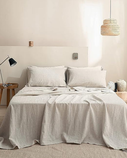 Simple&Opulence 100% Linen Sheet Set Solid Color- 6 Pcs Washed French Flax Bed Sheets (1 Flat Sheet, 1 Fitted Sheet, 4 Pillowcases) - Breathable Home Collection (Basic Linen, King) - LeafyLoom