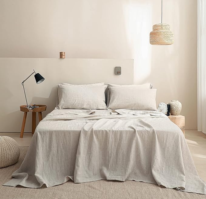 Simple&Opulence 100% Linen Sheet Set Solid Color- 6 Pcs Washed French Flax Bed Sheets (1 Flat Sheet, 1 Fitted Sheet, 4 Pillowcases) - Breathable Home Collection (Basic Linen, King) - LeafyLoom
