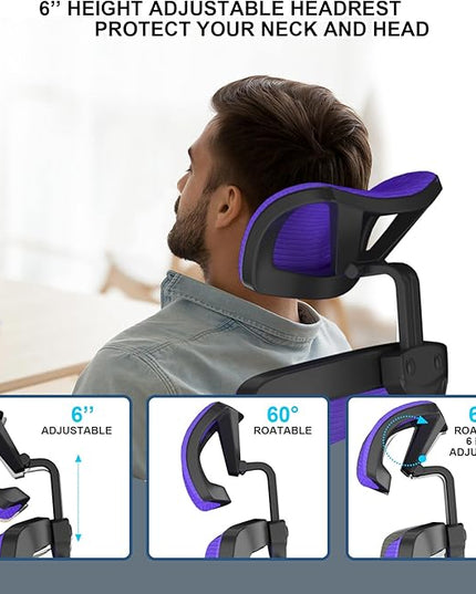 𝑯𝑶𝑴𝑬 𝑶𝑭𝑭𝑰𝑪𝑬 𝑪𝑯𝑨𝑰𝑹, Ergonomic Mesh Desk Chair, High Back Computer Chair- Adjustable Headrest with Flip-Up Arms, Lumbar Support, Swivel Executive Task Chair (Modern, Blue Violet) - LeafyLoom