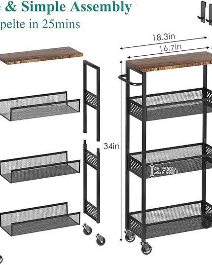 Slim Storage Cart 4 Tier Fruit and Vegetable Baskets for Kitchen Small Space, Narrow Rolling Cart on Wheels with Wooden Top and Metal Handle for Pantry, Bathroom, Laundry Room - LeafyLoom