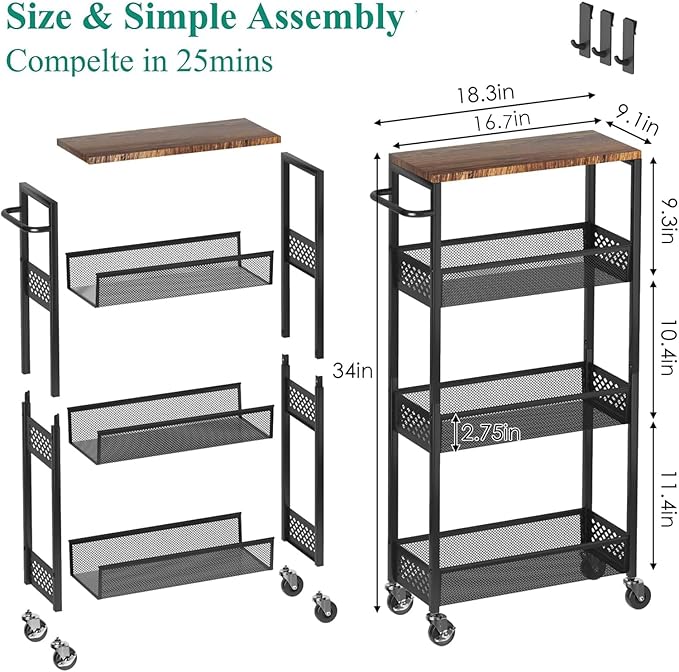 Slim Storage Cart 4 Tier Fruit and Vegetable Baskets for Kitchen Small Space, Narrow Rolling Cart on Wheels with Wooden Top and Metal Handle for Pantry, Bathroom, Laundry Room - LeafyLoom