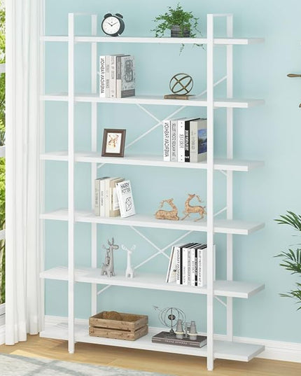 HSH 6 Tier Tall White Bookshelf, Industrial Modern Vertical Metal and Wood White Bookcases 6 Shelf,Farmhouse Open Large Storage Book Shelves & Display Book Shelf for Bedroom Living Room Office - LeafyLoom