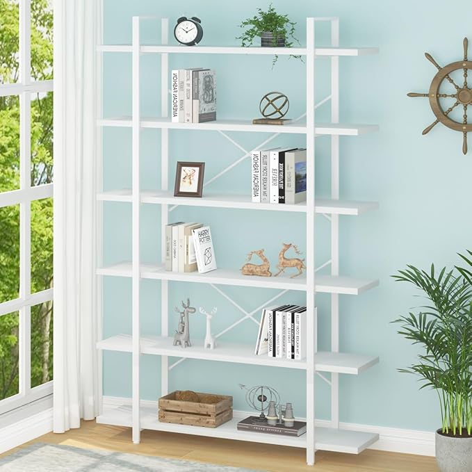 HSH 6 Tier Tall White Bookshelf, Industrial Modern Vertical Metal and Wood White Bookcases 6 Shelf,Farmhouse Open Large Storage Book Shelves & Display Book Shelf for Bedroom Living Room Office - LeafyLoom