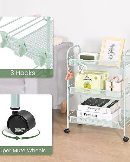 TOOLF 3-Tier Metal Rolling Cart, Mesh Wire Easy Assemble Utility Cart, Storage Trolley on Wheels with 3 Hooks, MetalStorage Shelving Units for Kitchen Bathroom Laundry Room - LeafyLoom