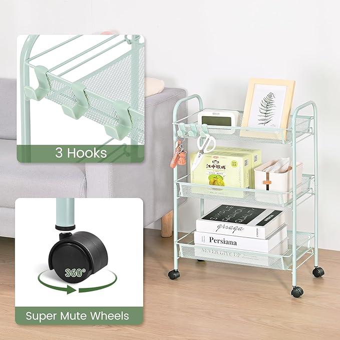 TOOLF 3-Tier Metal Rolling Cart, Mesh Wire Easy Assemble Utility Cart, Storage Trolley on Wheels with 3 Hooks, MetalStorage Shelving Units for Kitchen Bathroom Laundry Room - LeafyLoom