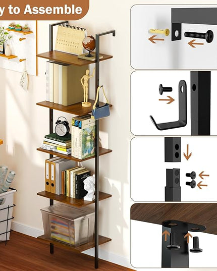 5 Tier Ladder Shelf with 2 Hooks, Modern Metal Wood Bookcase Shelf, Wall Mounted Bookshelf, Standing Display Storage Organizer for Home, Office, Kitchen, Living Room, Bedroom - LeafyLoom