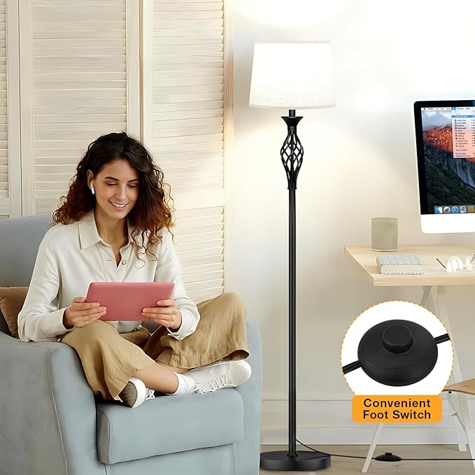 Vintage Floor Lamp with Linen Shade - 3 Color Temperature, Black, LED Bulbs, Foot Pedal Switch, Easy Assembly - LeafyLoom