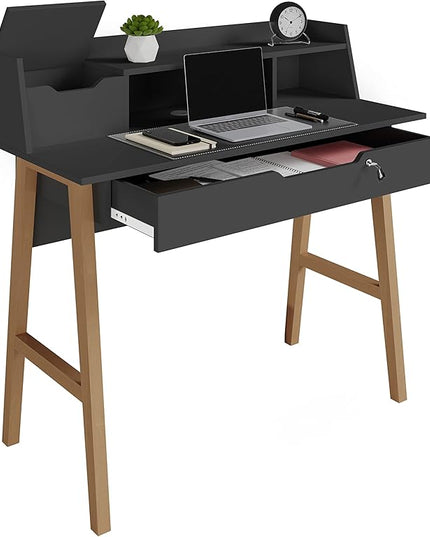 Roma Writing Desk - Elegant Wood Study Desk With Storage, Cable Holes & Drawers - Work Table for Home, Office, Dorm, Small Spaces - Compact Black Desk, 40x19x36.9” (black) - LeafyLoom