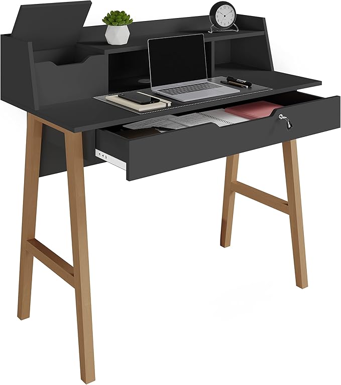Roma Writing Desk - Elegant Wood Study Desk With Storage, Cable Holes & Drawers - Work Table for Home, Office, Dorm, Small Spaces - Compact Black Desk, 40x19x36.9” (black) - LeafyLoom