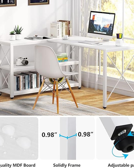 Tribesigns Reversible Industrial L-Shaped Desk with Storage Shelves, Corner Computer Desk PC Laptop Study Table Workstation for Home Office Small Space (White, 59") - LeafyLoom
