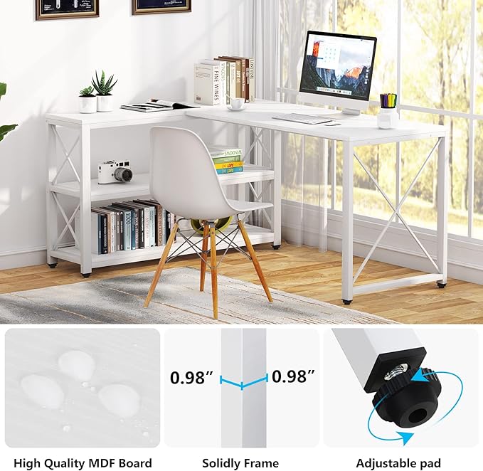 Tribesigns Reversible Industrial L-Shaped Desk with Storage Shelves, Corner Computer Desk PC Laptop Study Table Workstation for Home Office Small Space (White, 59") - LeafyLoom