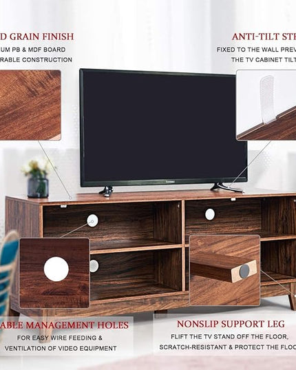 LUARANE TV Stand for TVs, up to 55 65 Inch, Console Table Cabinet MDF Storage Console, with 4 Open Storage Shelves, 4 Cord Management Holes, for Living Room and Entertainment Room (Dark-brown) - LeafyLoom