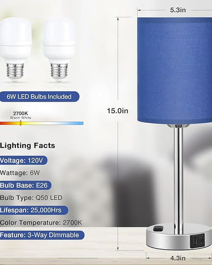 Innqoo Navy Blue Nightstand Lamps Set of 2-3 Way Dimmable Bedside Lamp with USB C and A Ports and Outlets, Modern Lamps for Bedrooms Set of 2 with Silver Base, Small Table Lamps for Boys Kids - LeafyLoom