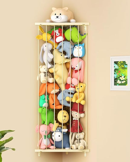 Stuffed Animal Storage Toy Organizer: Corner Stuff Animals Holder for Wall with Adjustable Length - Kids Plush Toys Storage for Nursery Playroom Bedroom Kids Room(Beige) - LeafyLoom