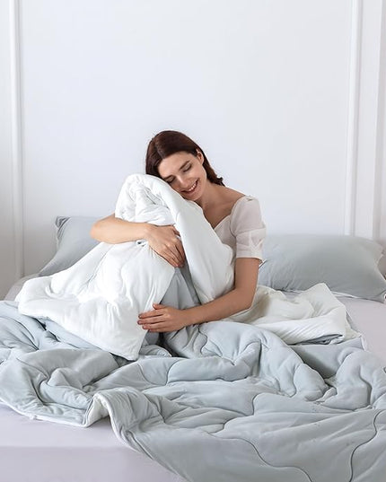 COTTEBED Reversible Comforter Sets KING Size Bed, Jersey Knit T-Shirt Feel Bedding Down Comforters Quilt & Pillowcase -Super Soft Cozy Lightweight All Season (Light Grey and White California Cal/King) - LeafyLoom