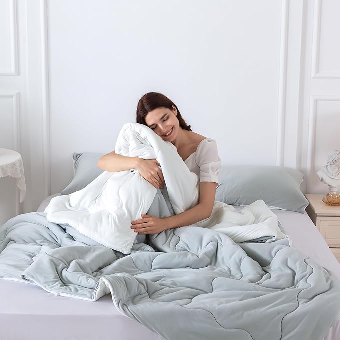 COTTEBED Reversible Comforter Sets KING Size Bed, Jersey Knit T-Shirt Feel Bedding Down Comforters Quilt & Pillowcase -Super Soft Cozy Lightweight All Season (Light Grey and White California Cal/King) - LeafyLoom
