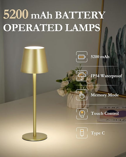 2Pack Cordless Table Lamp, 5200mAh IP54 Waterproof Rechargeable Battery Desk Lamp, 3 Color Stepless Dimming Up，Battery Operated Lamp for Kitchen/Outdoor/Restaurant/Camping (Champagne) - LeafyLoom