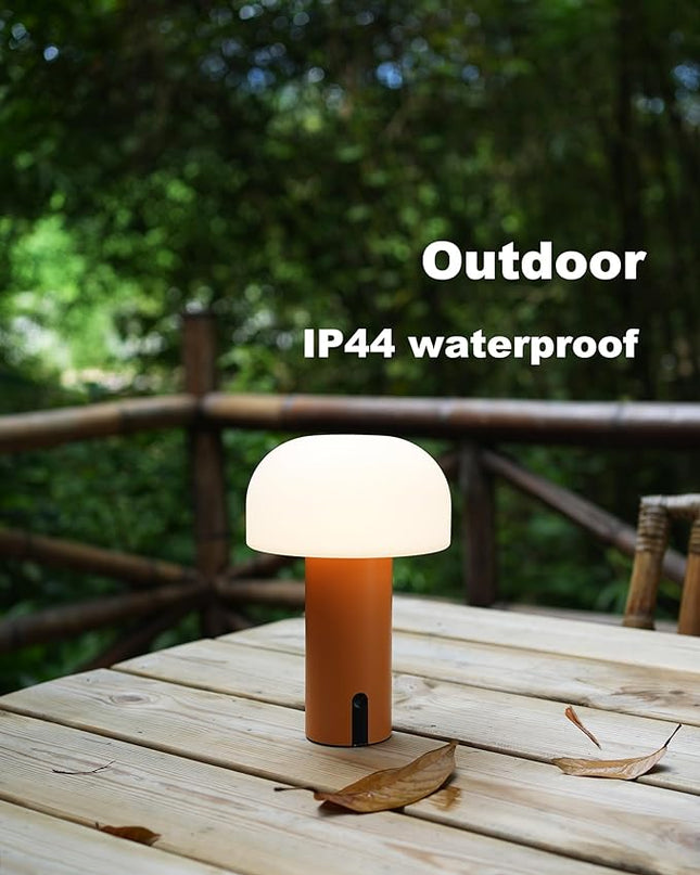 Outdoor Mushroom Table Lamp Rechargeable, Cordless Lamps for Patio Waterproof, Portable Battery Operated Lamp with USB Charging, Touch Dimming Night Light for Home/Porch/Restaurant (Orange) - LeafyLoom