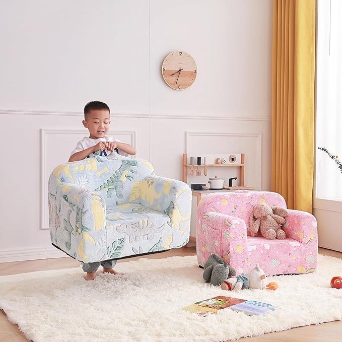 Tiita Kids Sofa, Children Couch with Carrying Handle & Side Pockets, Kids Foam Chair, Toddler Armrest Chair,Kids Read Sofa for Girl or Boy(Dark Grey Dinosaur) - LeafyLoom