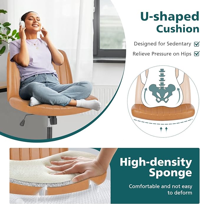 OLIXIS Cross Legged Armless Wide Adjustable Swivel Padded Home Office Desk Chair, Brown - LeafyLoom