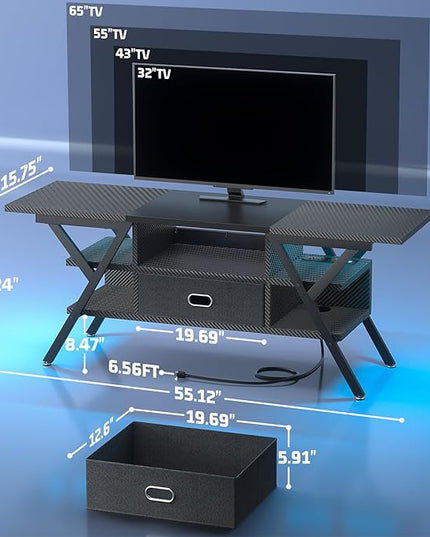 TV Stand for 55''/65'' TV - Carbon Fiber Black LED TV Stands with Power Outlets for Living Room, TV Entertainment Center with Storage, Gaming TV Stand with Drawers for Bedroom, Entertainment Stand - LeafyLoom