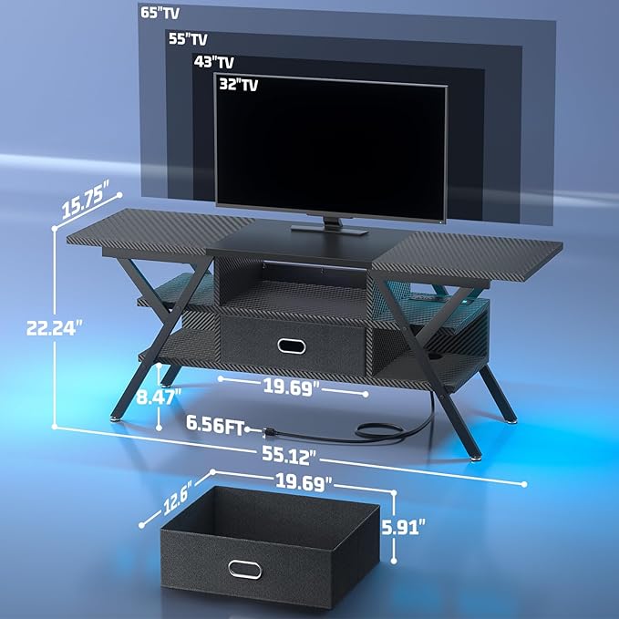 TV Stand for 55''/65'' TV - Carbon Fiber Black LED TV Stands with Power Outlets for Living Room, TV Entertainment Center with Storage, Gaming TV Stand with Drawers for Bedroom, Entertainment Stand - LeafyLoom