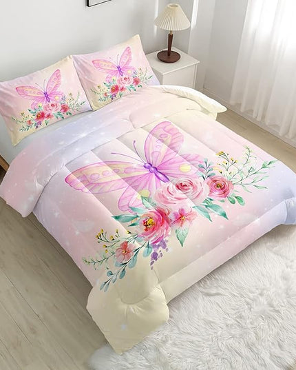 CVHOUSE Butterfly Comforter Set,Floral Butterfly Bedding Set for Girls Kids Teens,Flower Butterflies Comforter Butterflies Duvet Set Room Decor Quilt Set Twin Size - LeafyLoom