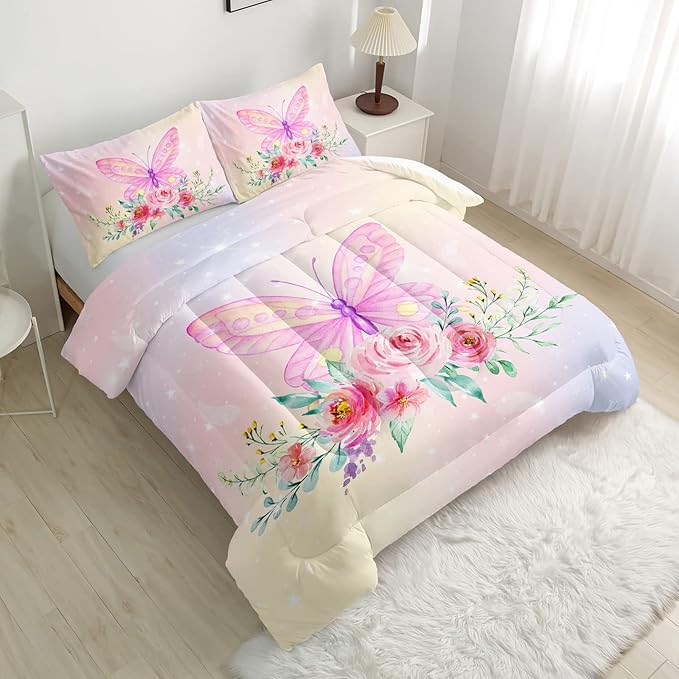 CVHOUSE Butterfly Comforter Set,Floral Butterfly Bedding Set for Girls Kids Teens,Flower Butterflies Comforter Butterflies Duvet Set Room Decor Quilt Set Twin Size - LeafyLoom